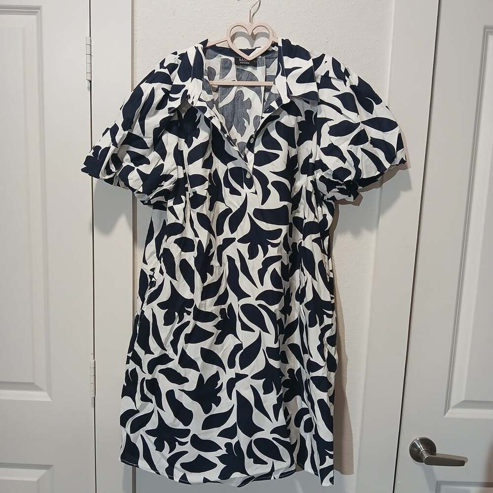 MSK Womens Cotton Printed Puff Sleeve Shirtdress Blue and White